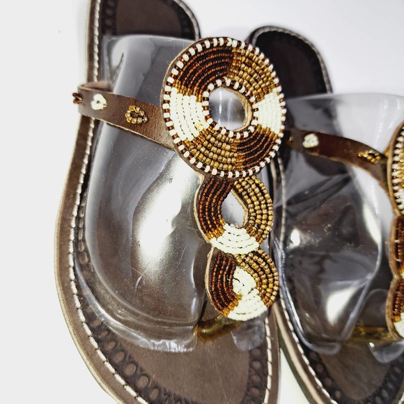 Chocolate Brown Boho Handbeaded leather flip flop flat sandals EU 37 US 6.5 9" L - Picture 8 of 8